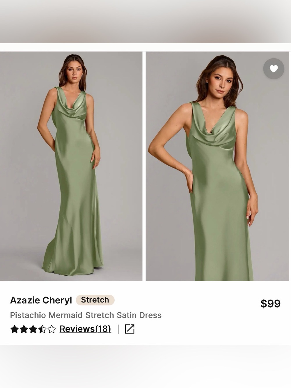 NWT Azazie Cheryl Pistachio Stretch Satin Dress - Picture 3 of 3